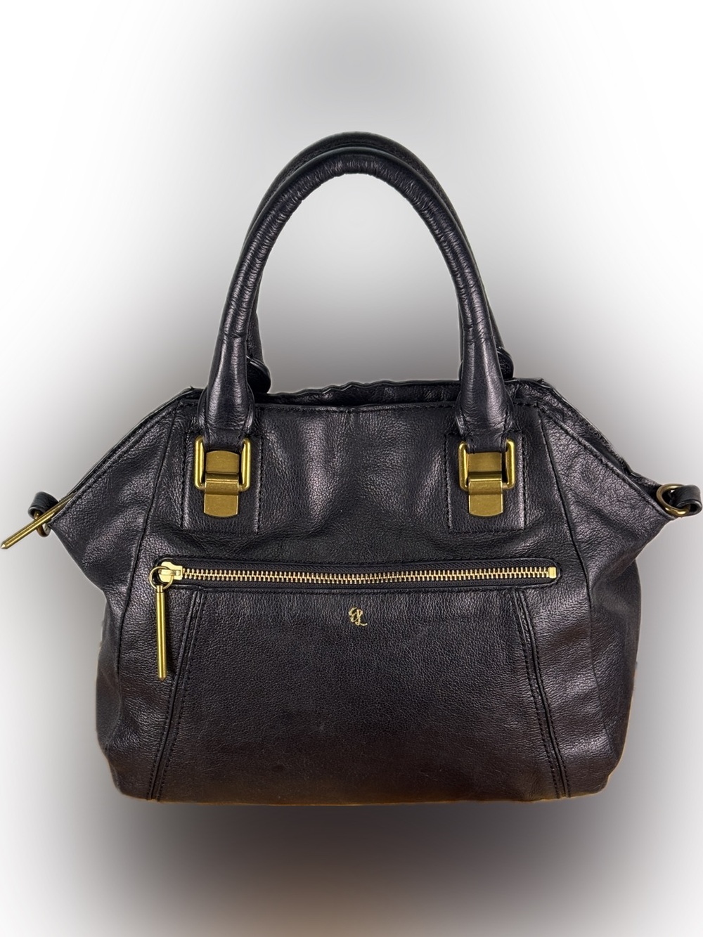 Elliott Lucca Black Pebbled Leather Satchel Bag Handbag Gold Hardware